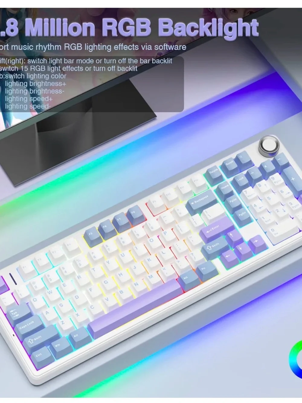 AULA F99 Pro Tri-Mode Wireless Mechanical Keyboard w/ Knob, Blue Purple White